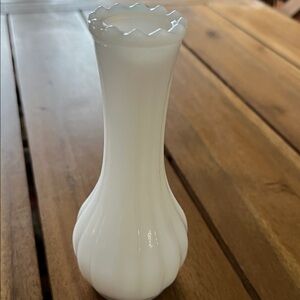 Milk glass bud vase ribbed with scalloped edge